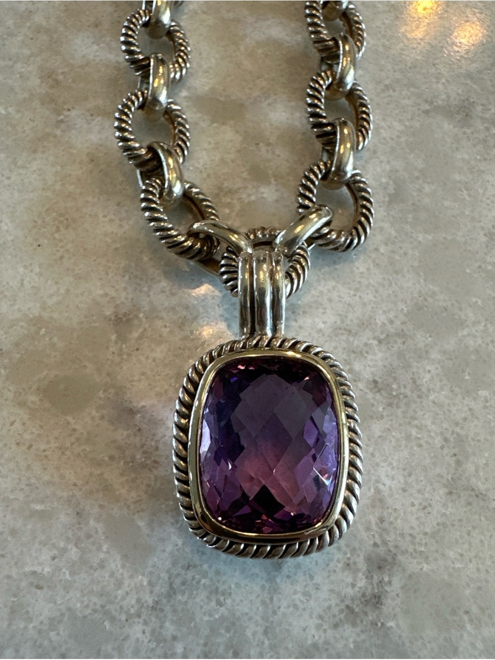 18” Sterling Silver Michelle Albala Amethyst Cushion-Cut  Pendant